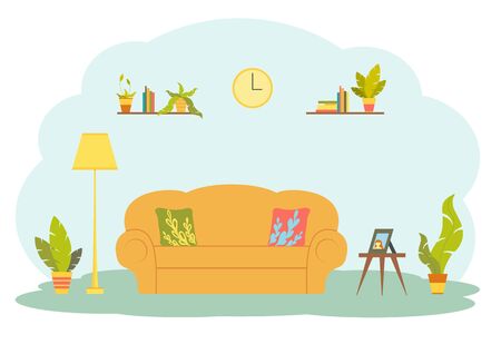 Living room interior with furniture, sofa with pillows, plant, lamp, clock, bookshelf and a table with a photo. Design of a cozy room with decor accessories. Illustration in flat cartoon style.のイラスト素材