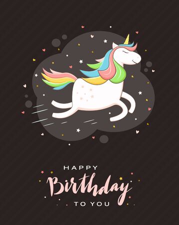 Unicorn with rainbow mane, hearts and stars on black background. Lettering Happy Birthday To You. The concept of holiday can be used for cards, children's clothing design and banners, illustration.のイラスト素材