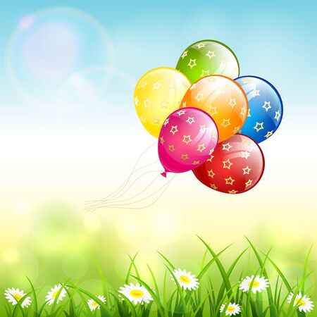 Colored balloons flying over grass with flowers. Birthday nature background. Holiday theme. Illustration can be used for holiday design, poster, card, website, banners.のイラスト素材