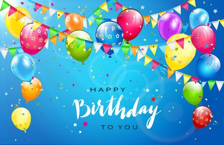 Lettering Happy Birthday on sunny blue background. Flying colorful balloons, multicolored pennants and confetti. Illustration can be used for holiday design, posters, cards, website, banners.のイラスト素材