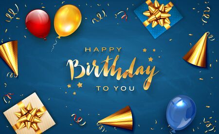 Gold lettering Happy Birthday on blue background with holiday balloons, party hat, realistic gifts with golden bows and balloons. Illustration can be used for holiday design, posters, cards, banners.のイラスト素材