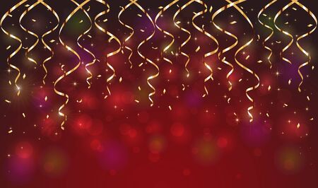 Shiny holiday decoration. Gold Christmas or Birthday streamers and confetti on a red sparkle background. Illustration can be used for holiday design, posters, cards, website, banners.のイラスト素材