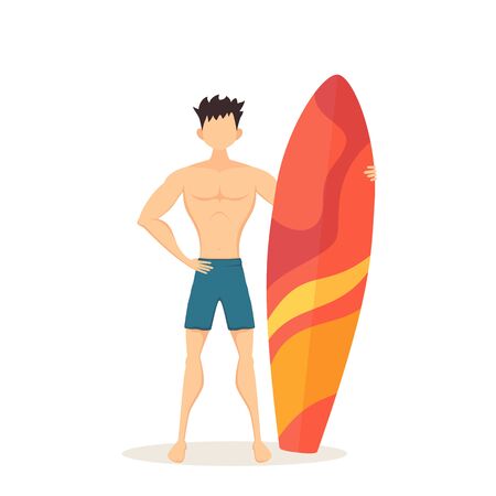Happy surfer in blue swim shorts with a surfboard on the beach. Funny guy isolated on white background. Illustration in flat cartoon style can be used for summer design, posters, banners.のイラスト素材