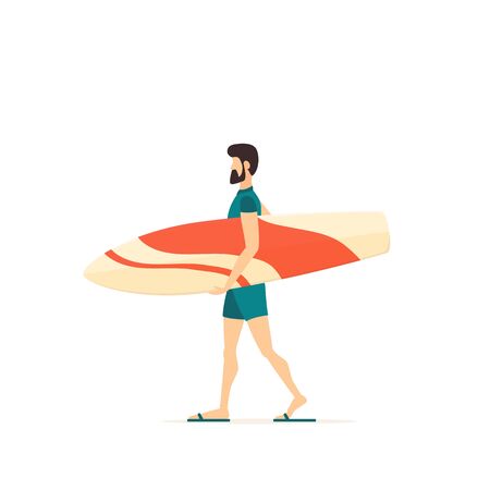 Happy surfer in blue swimwear with a white and red surfboard goes to the beach. Funny guy isolated on white background. Illustration in flat cartoon style can be used for summer design, poster, bannerのイラスト素材