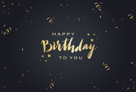 Golden lettering Happy Birthday on black background with shiny holiday streamers and confetti. Illustration can be used for holiday design, posters, cards, banners.のイラスト素材