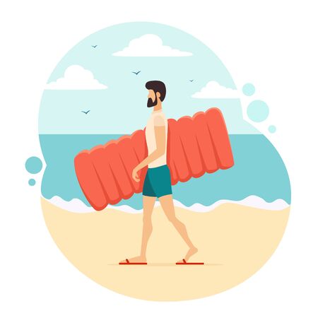Man in blue swim shorts goes to the beach with an inflatable mattress. Funny guy on sea background. Summer theme. Illustration in flat cartoon style can be used for summer design, posters, banners.のイラスト素材