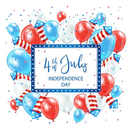 Text Independence day 4th of July with banner, balloons and rocket fireworks on white background. Independence day Theme. Illustration can be used for holiday design, cards, posters, banners.のイラスト素材