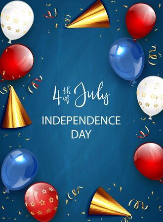 Independence day background and lettering 4th of July with balloons and rocket fireworks. Independence day Theme. Illustration can be used for holiday design, cards, posters, banners.のイラスト素材