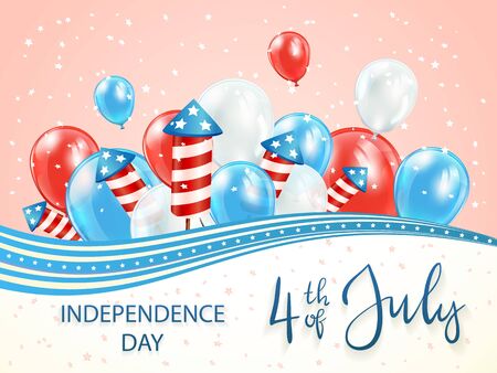 Independence day background. Holiday theme with stars and red and blue lines. Lettering 4th of July with balloons and rocket fireworks. Illustration can be used for holiday design, cards, banners.のイラスト素材