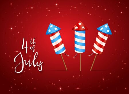 Text 4th of July and firework rocket for Independence Day. Red starry background. Illustration can be used for holiday design, cards, posters, banners.のイラスト素材
