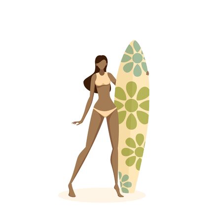 Happy surfer woman in a swimsuit with a surfboard on the beach. Funny girl isolated on white background. Illustration in flat cartoon style can be used for summer design, posters, banners.