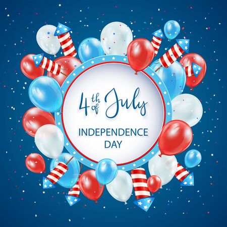 Text Independence day 4th of July with round banner, balloons and rocket fireworks on blue background. Independence day Theme. Illustration can be used for holiday design, cards, posters, banners.のイラスト素材