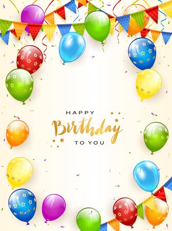 Colorful balloons isolated on white background with gold lettering Happy Birthday, holiday pennants, streamers and confetti. Illustration can be used for holiday design, poster, card, website, bannersのイラスト素材