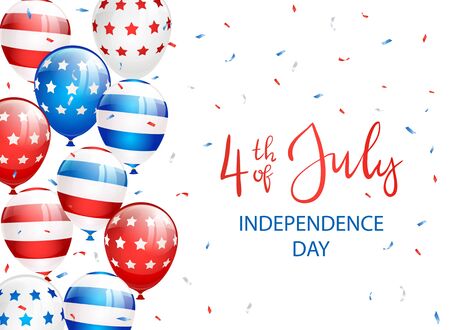 Text Independence day 4th of July with balloons and confetti on white background. Independence day Theme. Illustration can be used for holiday design, cards, posters, banners.のイラスト素材