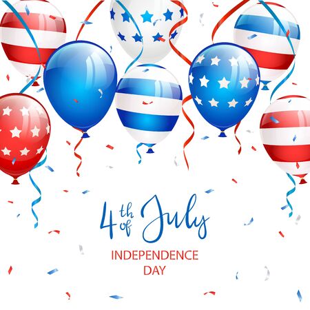 Text Independence day 4th of July with balloons, streamers and confetti on white background. Independence day Theme. Illustration can be used for holiday design, cards, posters, banners.のイラスト素材