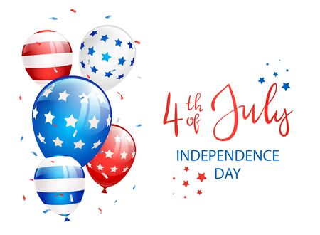 Independence day Theme. Lettering Independence day 4th of July with stars, balloons and confetti on white background. Illustration can be used for holiday design, cards, posters, banners.のイラスト素材