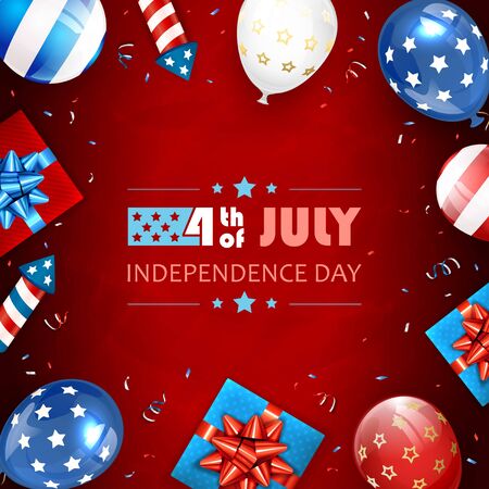 Independence day background. Lettering 4th of July. Balloons, gift boxes and rocket fireworks. Red Independence day Theme. Illustration can be used for holiday design, cards, posters, banners.のイラスト素材