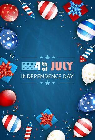 Independence day background and text 4th of July with balloons, gift boxes and rocket fireworks. Blue Independence day Theme. Illustration can be used for holiday design, cards, posters, banners.のイラスト素材