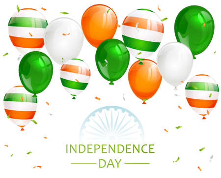Indian Independence Day with balloons, confetti and wheel on white background. Theme of Independence day in India. Illustration can be used for holiday design, cards, posters, banners.のイラスト素材