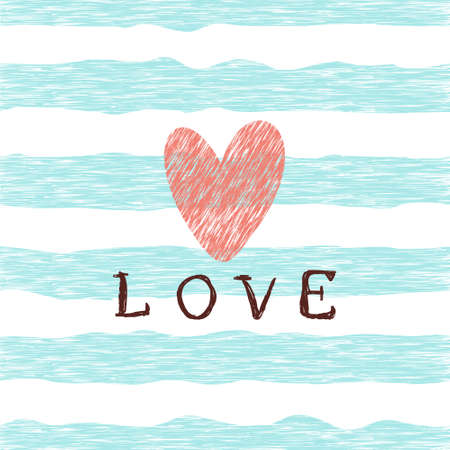 Retro pattern with grunge heart, blue lines and lettering love. Valentine's day backgrounds. Illustration can be used for wallpaper, holiday design, pattern fills, web page background, wrapping paperのイラスト素材