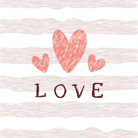 Retro pattern with grunge hearts, pink lines and lettering love. Valentine's day backgrounds. Illustration can be used for wallpaper, holiday design, pattern fills, web page background, wrapping paperのイラスト素材