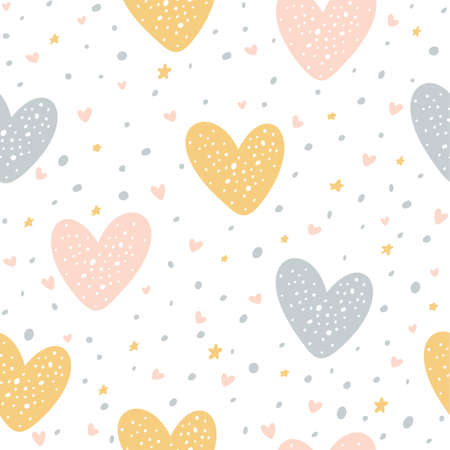 Seamless pattern with hearts, dots and stars on white background. Illustration can be used for Valentines day, children's clothing design, wallpaper, pattern fills, web page background, wrapping paperのイラスト素材