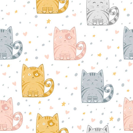 Seamless pattern with kitty, stars and hearts isolated on white background. Illustration can be used for wallpaper, children's clothing design, pattern fill, web page background, wrapping paperのイラスト素材
