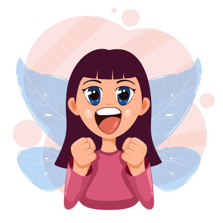 Happy little fairy. Cute girl with wings and big eyes. Smiling child. A girl with magic blue transparent wings dreams and rejoices. Illustration in a flat cartoon style.のイラスト素材
