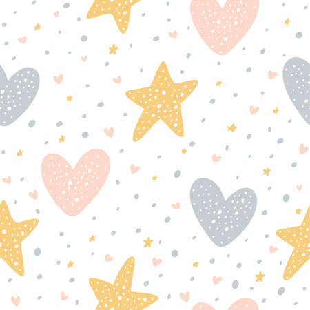 Seamless pattern with hearts, stars and dots on white background. Illustration can be used for Valentines day, children's clothing design, wallpaper, pattern fills, web page background, wrapping paperのイラスト素材