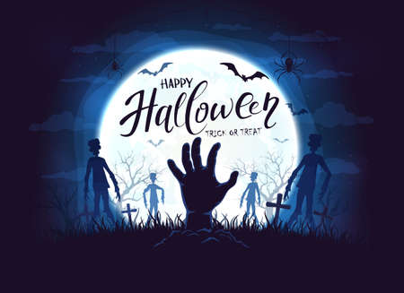 Hand sticks out of ground and dark silhouettes in cemetery. Blue night background with zombie, bats and spiders. Illustration can be used for children's, holiday design, cards, invitations and bannerのイラスト素材