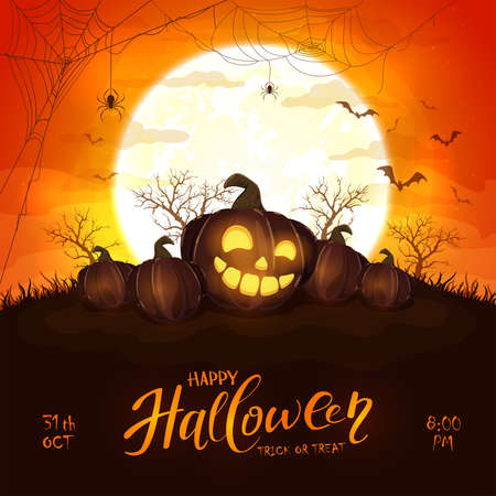 Happy pumpkin on orange halloween background with full moon. Card with Jack O 'Lanterns, bats and spiders. Illustration can be used for children's holiday design, cards, invitations and bannerのイラスト素材