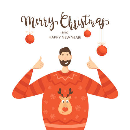 Happy man in a Sweater with Deer show Thumbs Up. Lettering Merry Christmas and Happy New Year isolated on white background with Christmas balls. Illustration can be used for holiday design, cards.のイラスト素材
