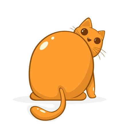 Cute ginger cat isolated on white background. Red kitty has turned his back and looks surprised. Illustration in a flat cartoon style with cute character.のイラスト素材