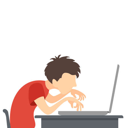 A Boy plays or works at a computer or laptop. A gamer plays video games. Kid study or play a computer game. Illustration in a flat cartoon style with cute character. Technology and gaming concept.のイラスト素材