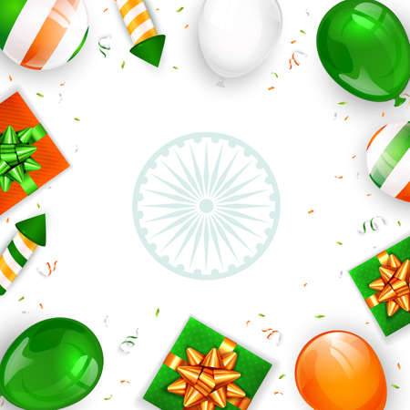Indian Independence Day on white background. Balloons, gift boxes and rocket fireworks. Theme of Independence day in India. Illustration can be used for holiday design, cards, posters, banners.のイラスト素材