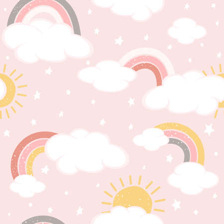 Seamless background with clouds and rainbows on pink sky. Magical repeat pattern. Illustration can be used for wallpaper, children's clothing design, pattern fill, web page background, wrapping paperのイラスト素材