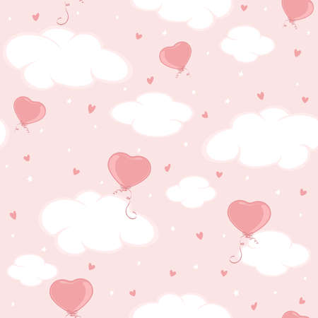 Holiday seamless background. Valentine balloons in the form of Heart in pink sky. Illustration can be used for wallpaper, children's clothing design, pattern fill, web page background, wrapping paperのイラスト素材