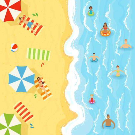 Set of men and women with children swim in water and sunbathing on the sand. Sea or ocean beach and waves on the water. Illustration with people in cartoon style can be used for summer poster, banner.のイラスト素材