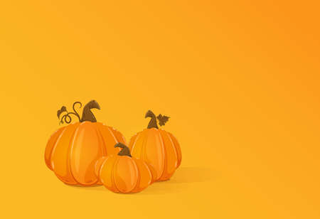 Set of three ripe pumpkins on orange background for Halloween or Thanksgiving Day. Card for holiday design. Illustration can be used for holiday background, cards, invitations, banner and other.のイラスト素材