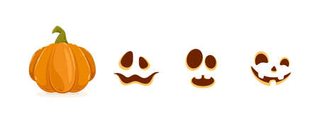 Set of Halloween elements. Set of pumpkin smiles isolated on white background. Scary illustration can be used for holiday cards, children's clothing or things design, invitations and banners.のイラスト素材