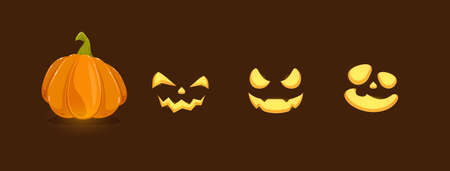 Set of pumpkin smiles on black background. Set of Halloween elements. Scary illustration can be used for holiday cards, children's clothing or things design, invitations and banners.のイラスト素材