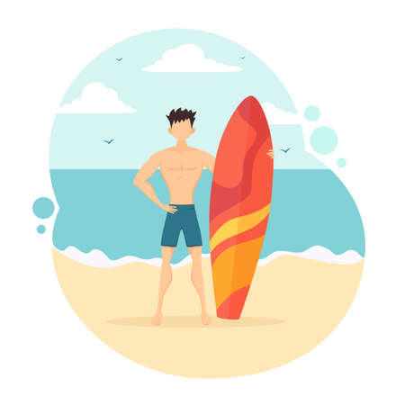 Happy surfer in blue swim shorts with a surfboard. Funny guy on the beach. Illustration in flat cartoon style can be used for summer design, posters, banners, for clothing design.のイラスト素材