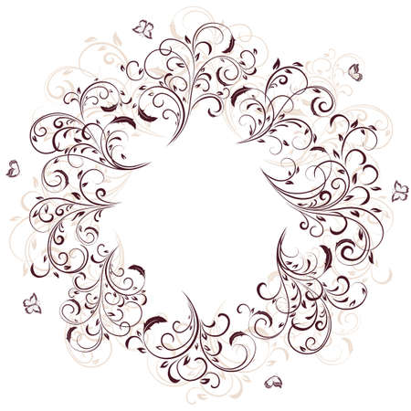 Abstract floral ornament with butterfly on white background. Ornate elements in the form of circle. Illustration can be used for wedding design, cards, invitations, bannerのイラスト素材