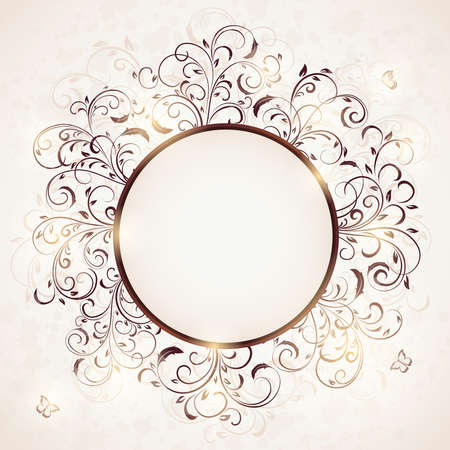 Abstract floral ornament with butterfly on beige background. Ornate elements in the form of circle. Illustration can be used for wedding design, cards, invitations, bannerのイラスト素材