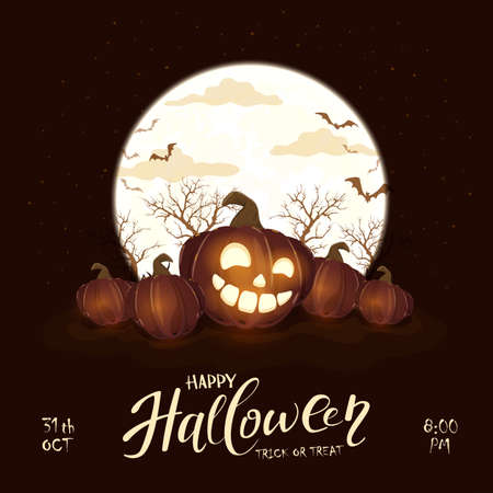 Halloween pumpkins and Moon on black night background. Holiday lettering with Jack O 'Lanterns and bats. Illustration can be used for clothing design, children's holiday design, cards, bannersのイラスト素材