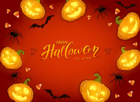 Happy pumpkins on orange Halloween background with candies, bats and spiders. Card with Jack O 'Lanterns and lettering Happy Halloween. Illustration can be used for children's holiday design and cardsのイラスト素材