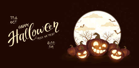 Banner with Halloween pumpkins and Moon on black night background. Holiday card with Jack O 'Lanterns and bats. Illustration can be used for clothing design, children's holiday design, cards, bannersのイラスト素材