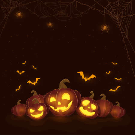 Halloween pumpkins on black night background. Holiday theme with Jack O 'Lanterns, spiders and bats. Illustration can be used for clothing design, children's holiday design, cards, bannersのイラスト素材