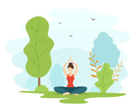 Girl does yoga and meditation in a Park. Beautiful woman sitting in lotus position on nature background with tree and bird.のイラスト素材