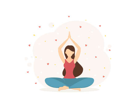 Girl does yoga and meditation on pink background with hearts and stars. Beautiful woman sitting in lotus position.のイラスト素材